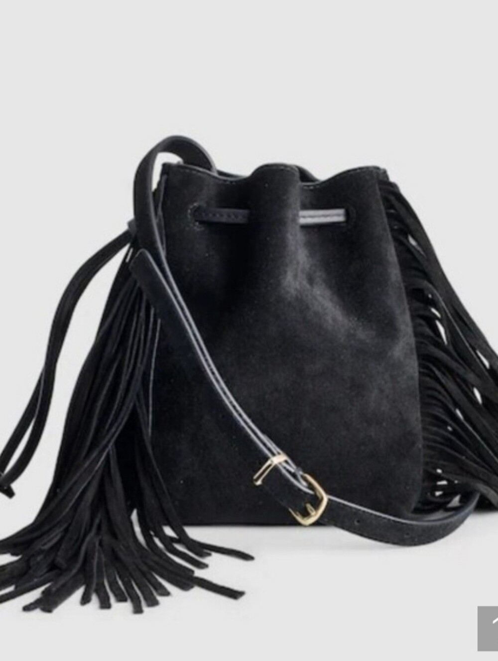 Madewell Black Suede Fringe Drawstring Crossbody Bucket